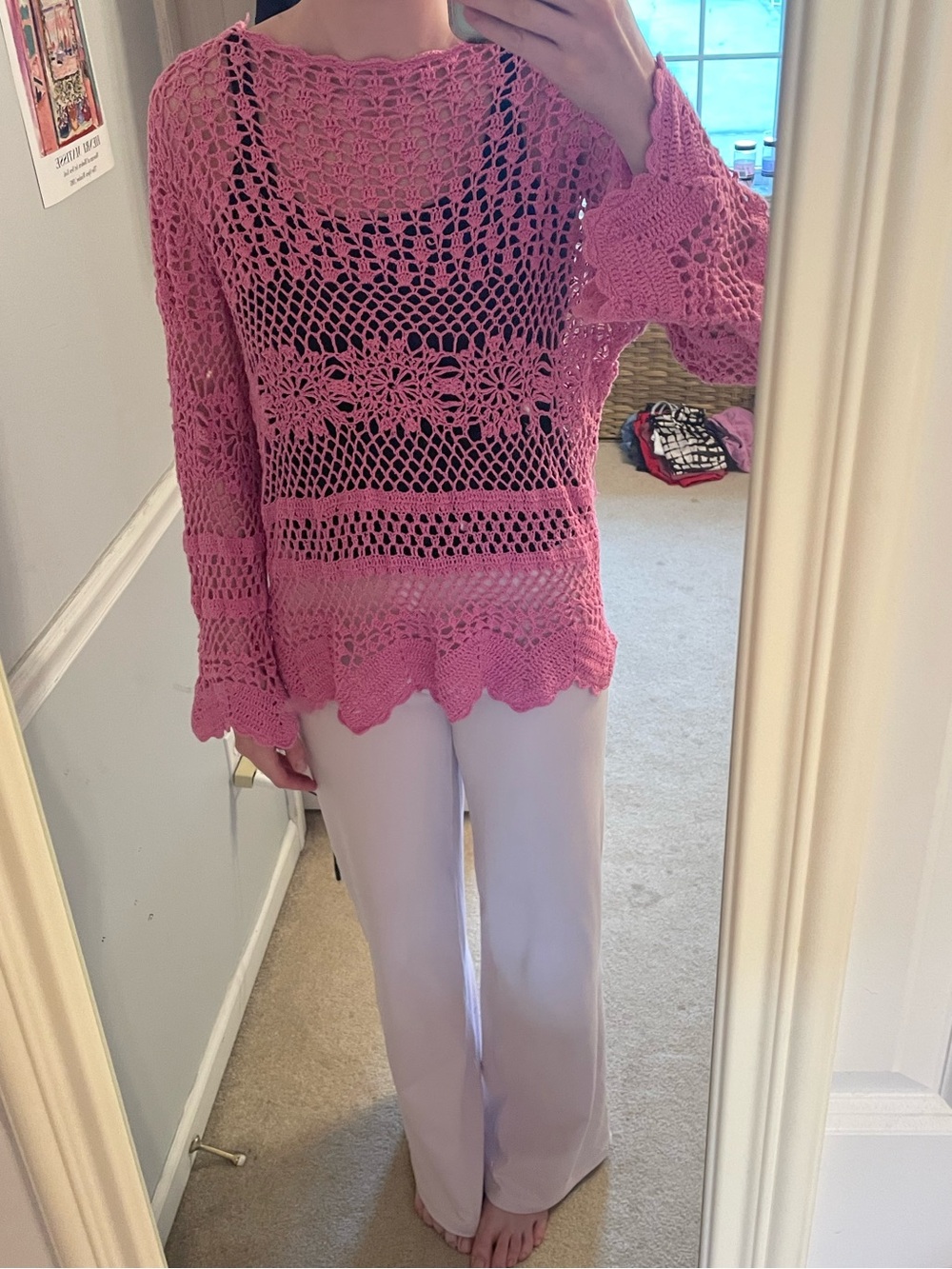 Pink Crochet Open-Knit Women's Sweater